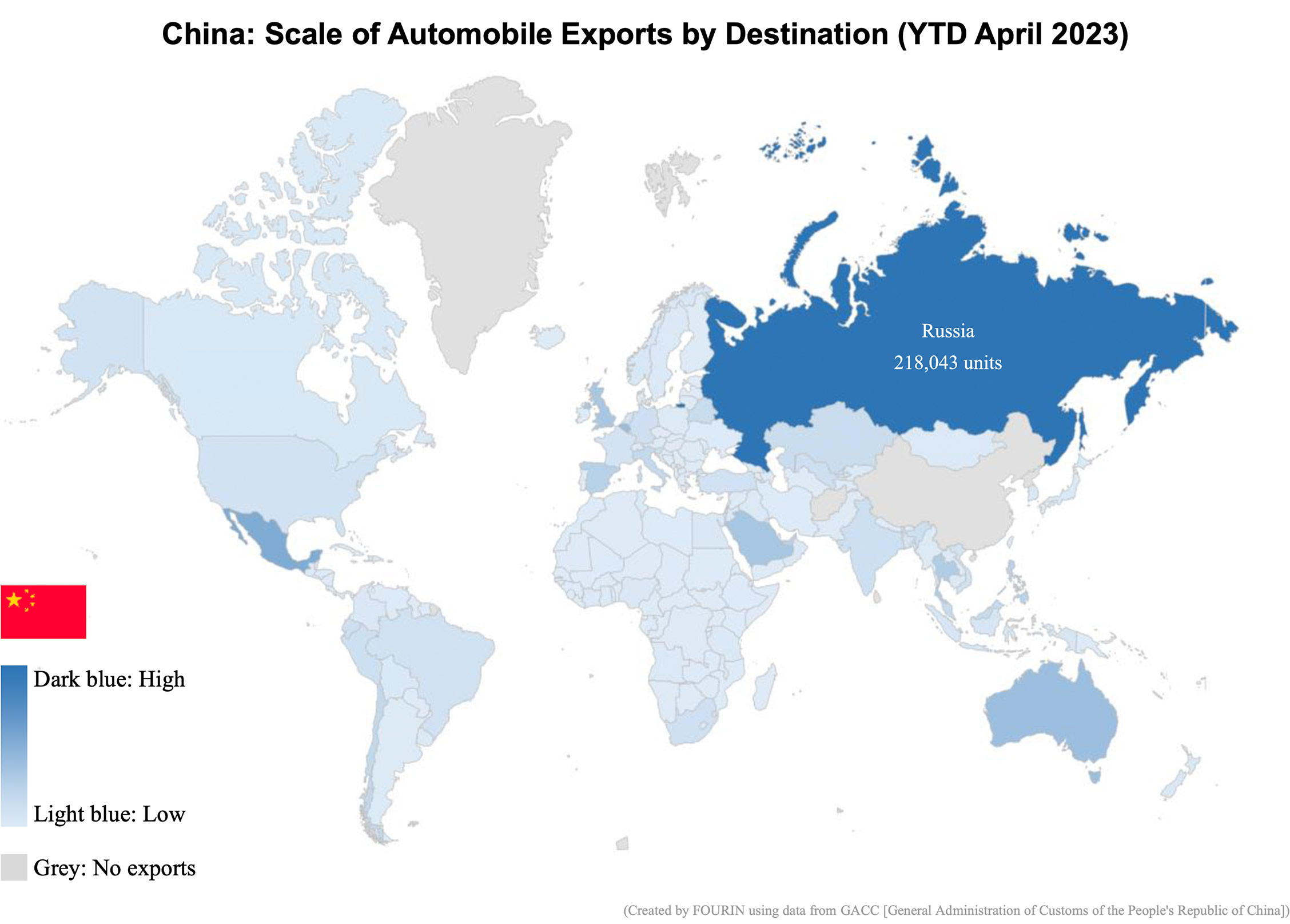 Map: China: Scale of Automobile Exports by Destination (YTD April 2023)