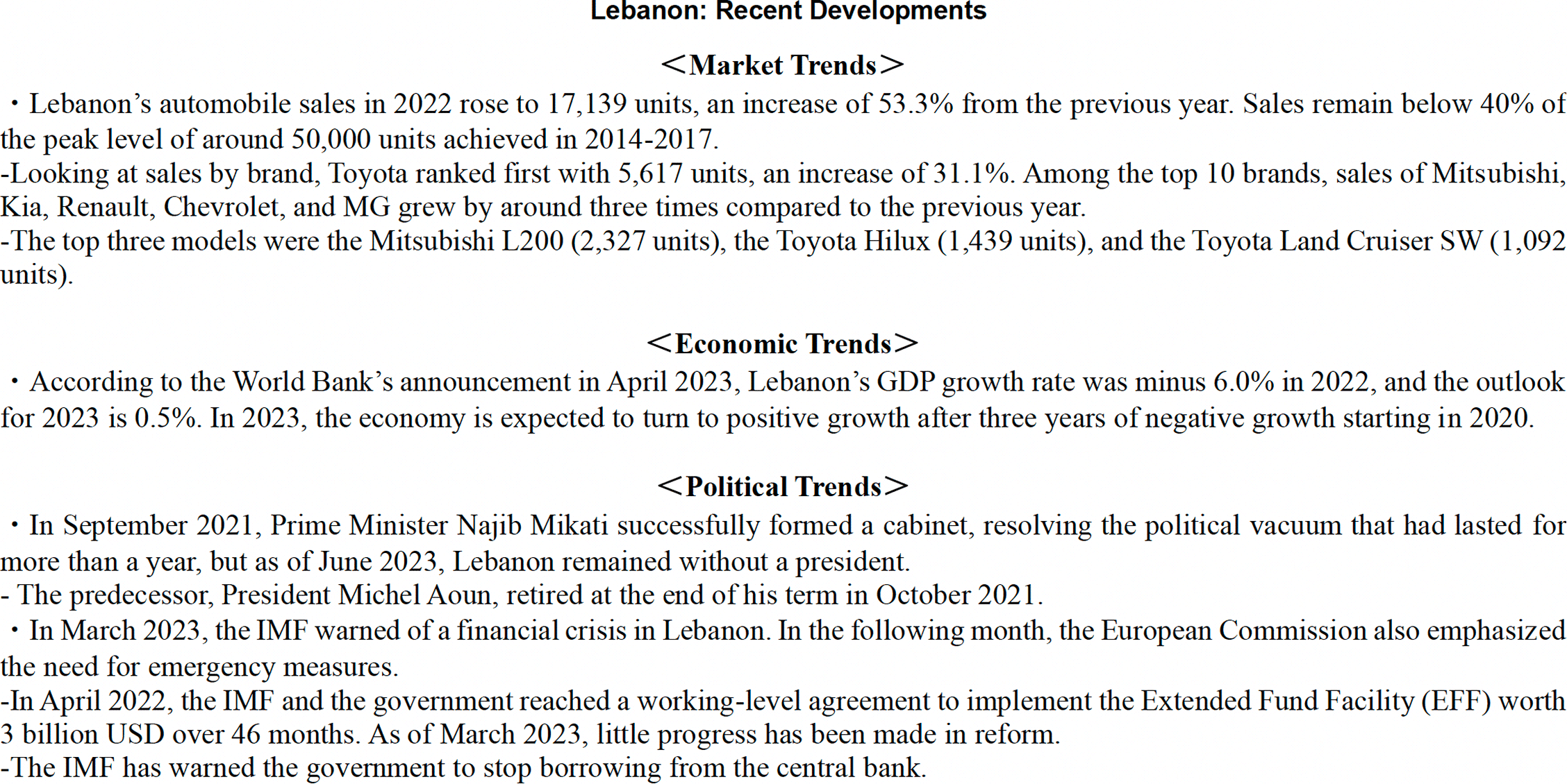 Text: Lebanon : Recent Developments＜Market Trends＞＜Economic Trends＞＜Political Trends＞